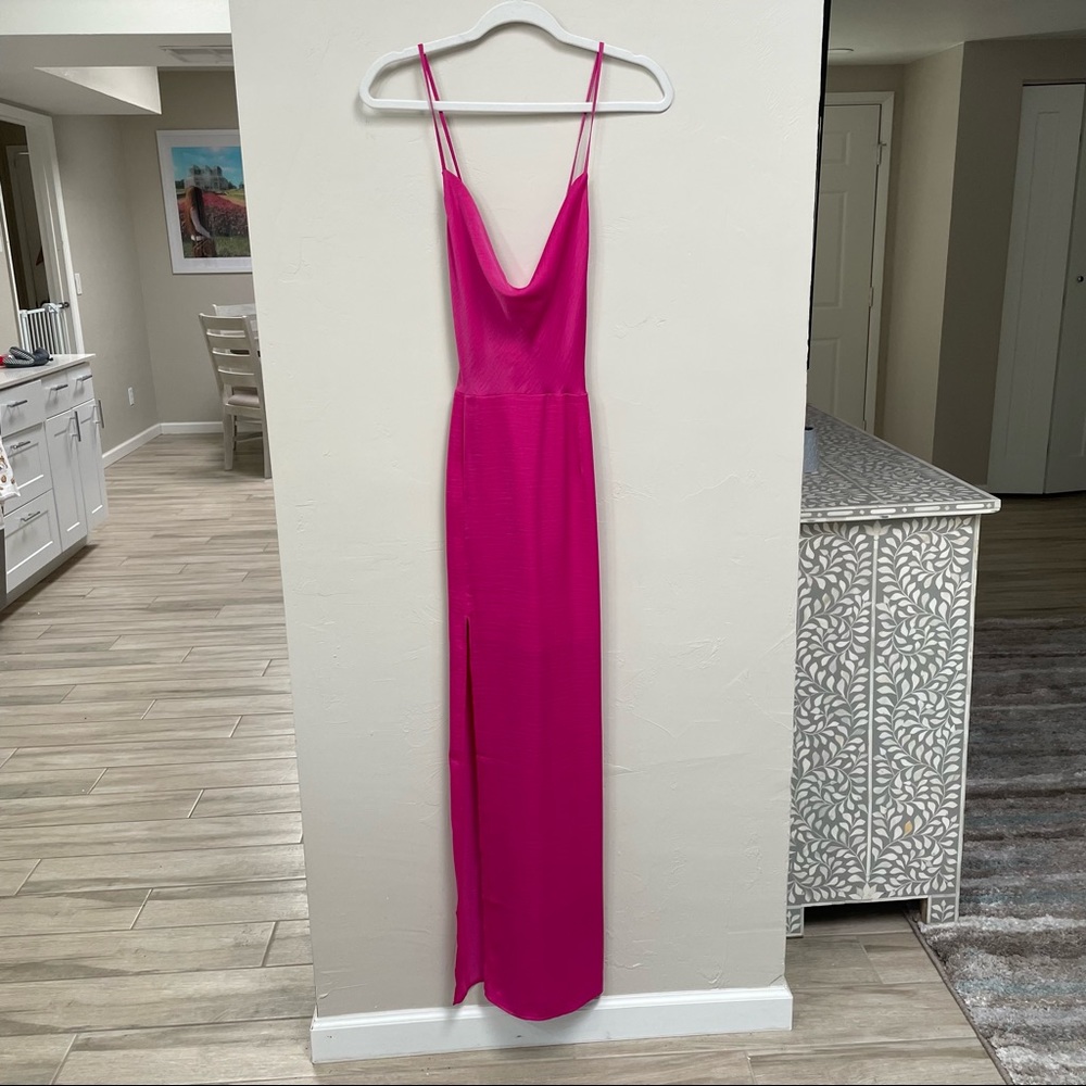 Fuchsia pink silk satin maxi dress - right leg slip